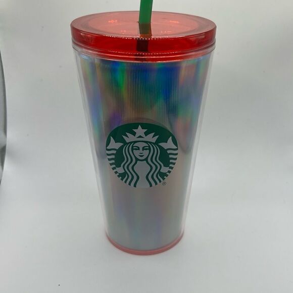 New 2020 Starbucks Silver Iridescent 16oz Tumbler - Red Lid with Green Straw - Picture 1 of 8